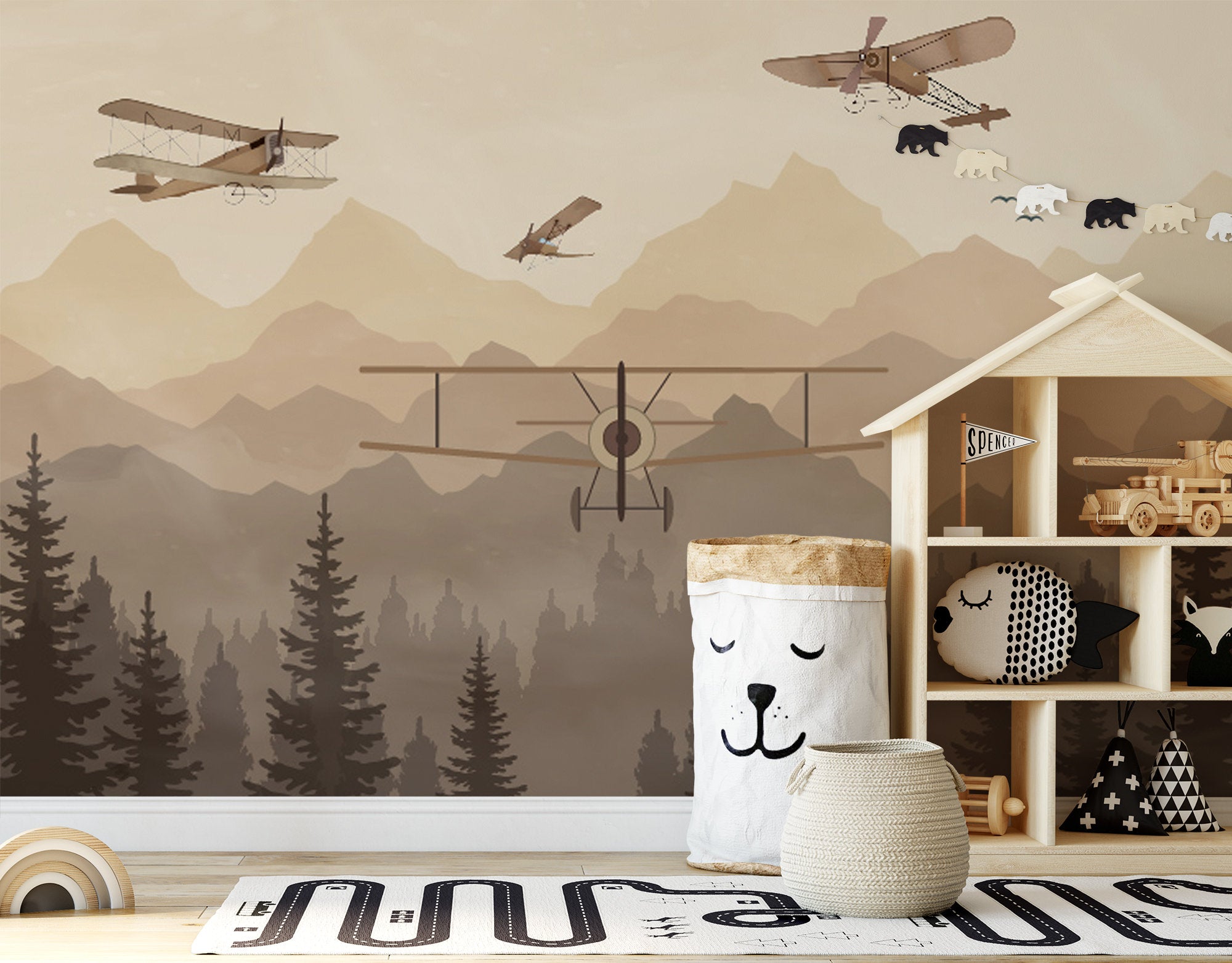 Vintage Airplanes Foggy Forest Row a Mountains Wallpaper Self Adhesive Peel and Stick Wall Sticker Wall Decoration Removable
