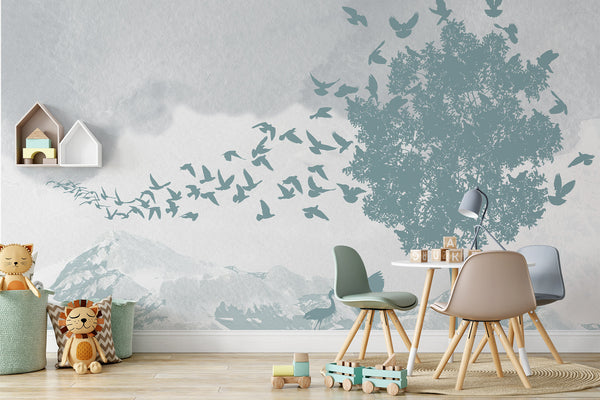 Abstract Tree Herd of Birds Snowy Mountains Clouds Wallpaper Self Adhesive Peel and Stick Wall Sticker Wall Decoration Removable