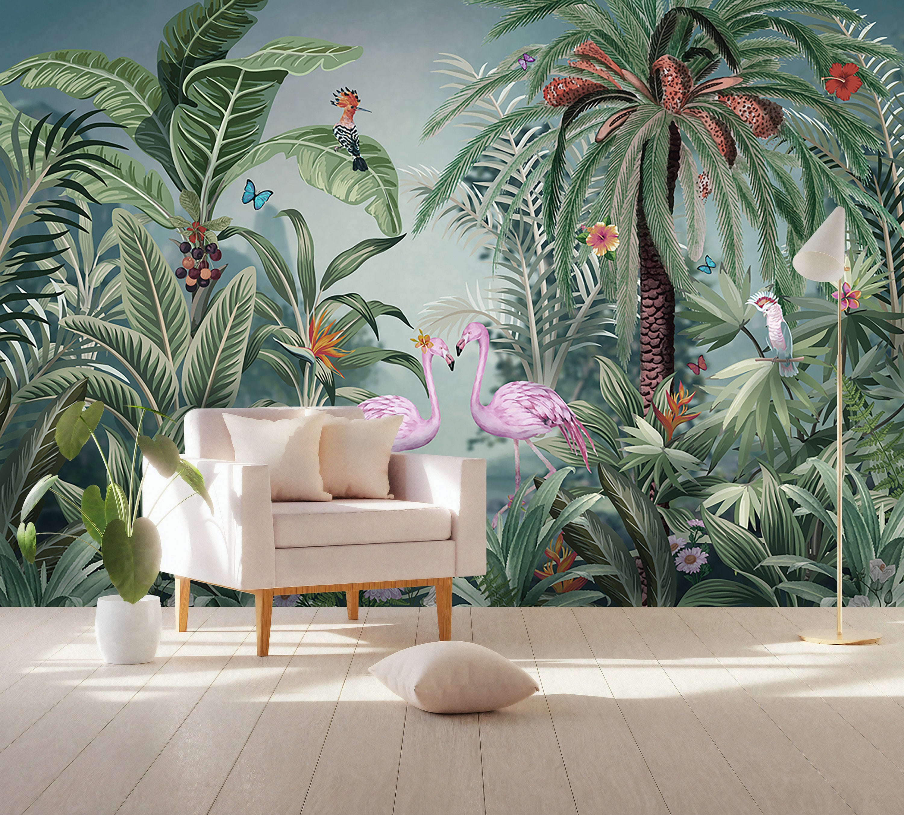 Tropical Jungle Plants Pink Flamingos Exotic Leaves Luxury Wallpaper Self Adhesive Peel and Stick Wall Sticker Wall Decoration Removable
