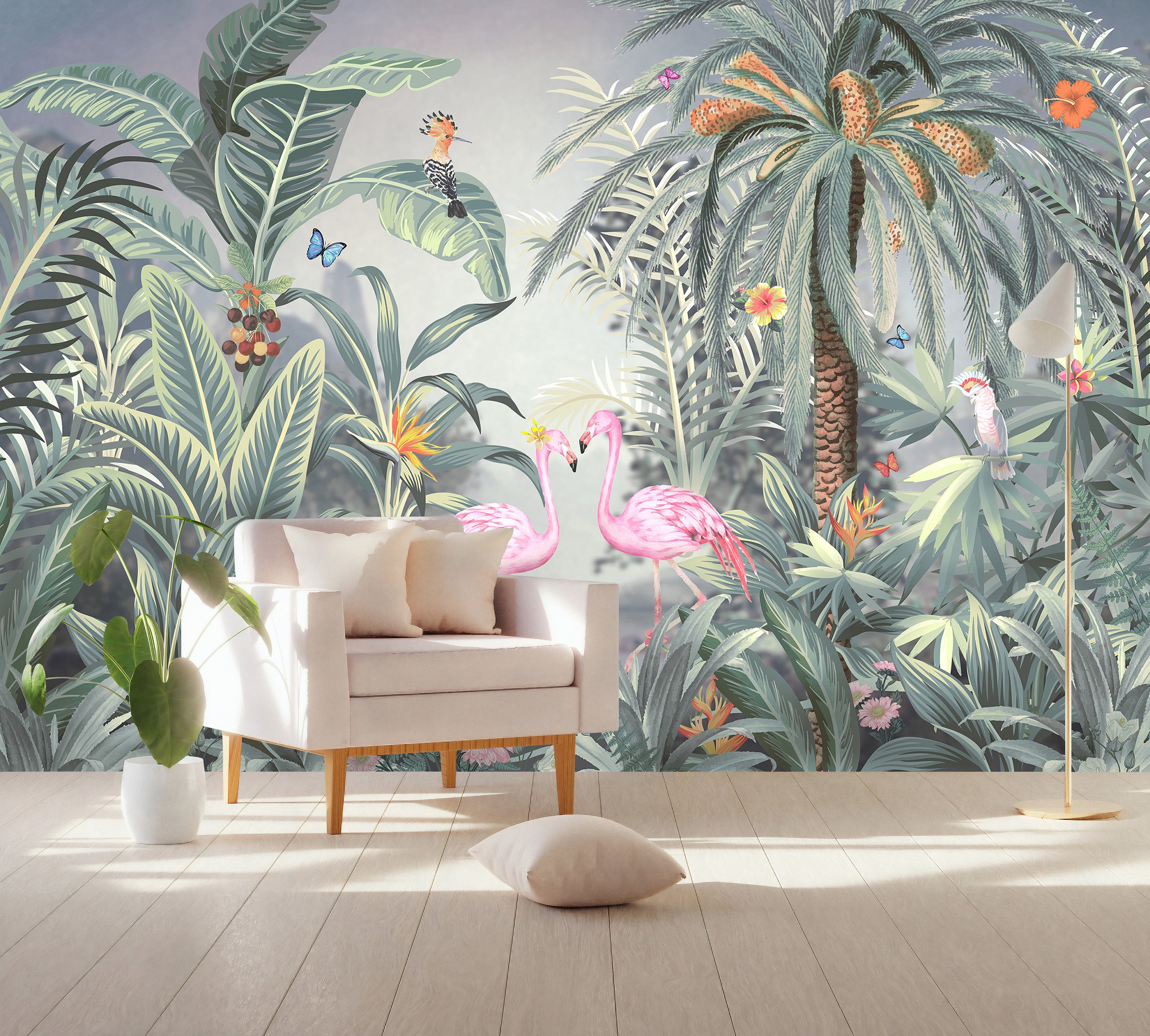 Tropical Jungle Plants Pink Flamingos Exotic Leaves Luxury Wallpaper Self Adhesive Peel and Stick Wall Sticker Wall Decoration Removable