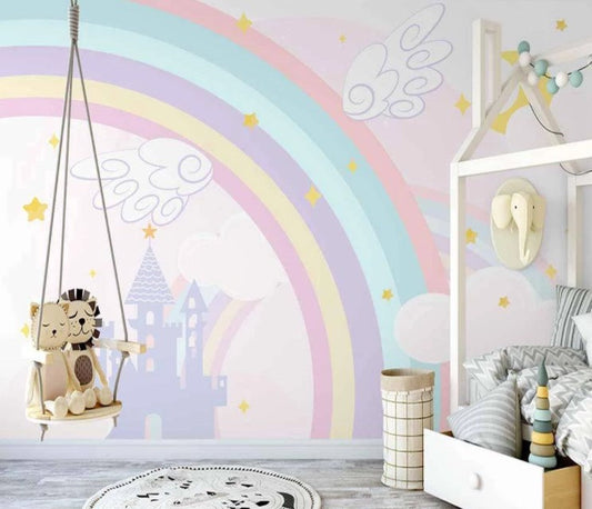 Soft Colors Abstract Castle Rainbow with Wings Wallpaper Self Adhesive Peel and Stick Wall Decoration Removable