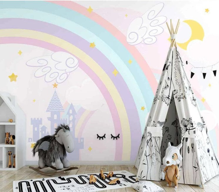 Soft Colors Abstract Castle Rainbow with Wings Wallpaper Self Adhesive Peel and Stick Wall Decoration Removable