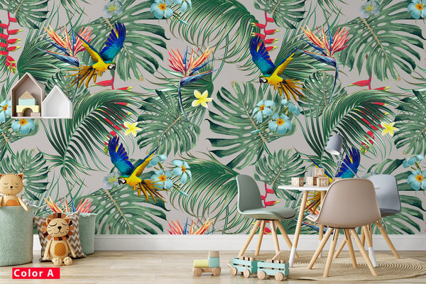Tropical Leaves Colorful Birds Luxury Wallpaper Self Adhesive Peel and Stick Wall Decoration Minimalistic Scandinavian Design Removable
