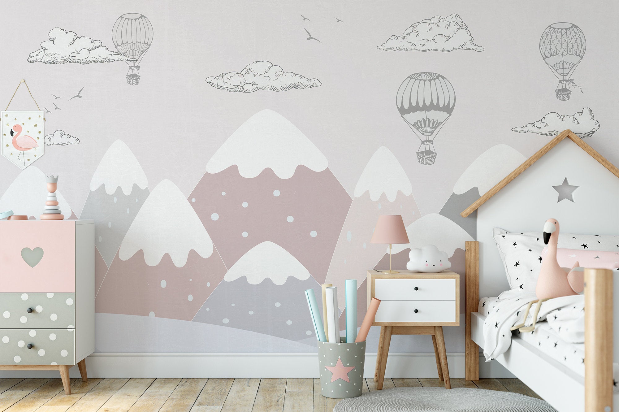 Snowy Mountains Cartoon Cloud and Hot Air Balloons Wallpaper Self Adhesive Peel & Stick Wall Decoration Minimalistic Scandinavian Removable