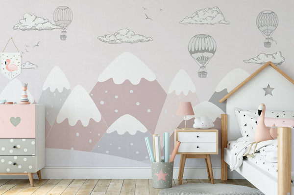 Snowy Mountains Cartoon Cloud and Hot Air Balloons Wallpaper Self Adhesive Peel & Stick Wall Decoration Minimalistic Scandinavian Removable