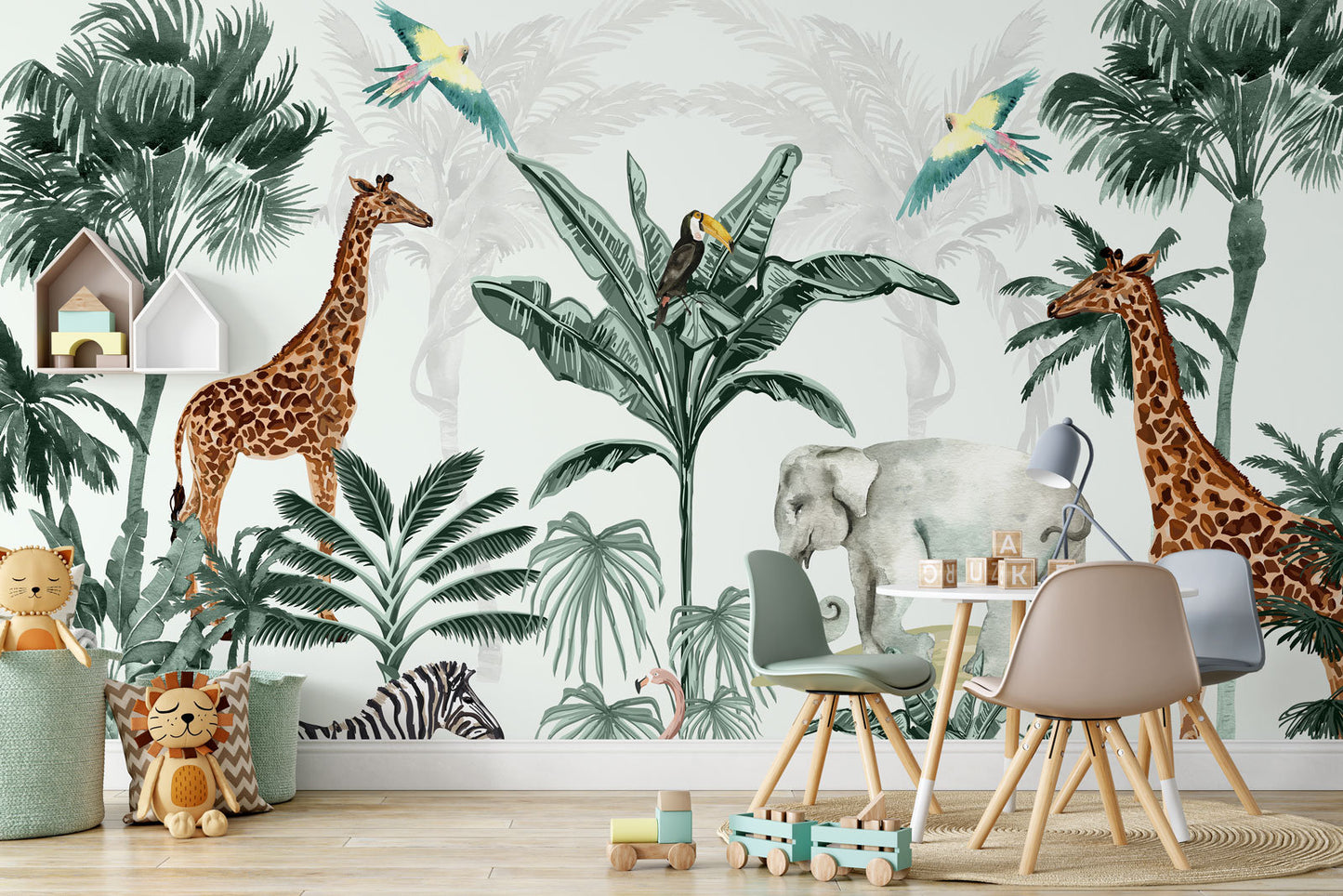 Flamingo Giraffe Elephant Peacock on Tropical Jungle Wallpaper Self Adhesive Peel & Stick Wall Decoration Scandinavian Removable