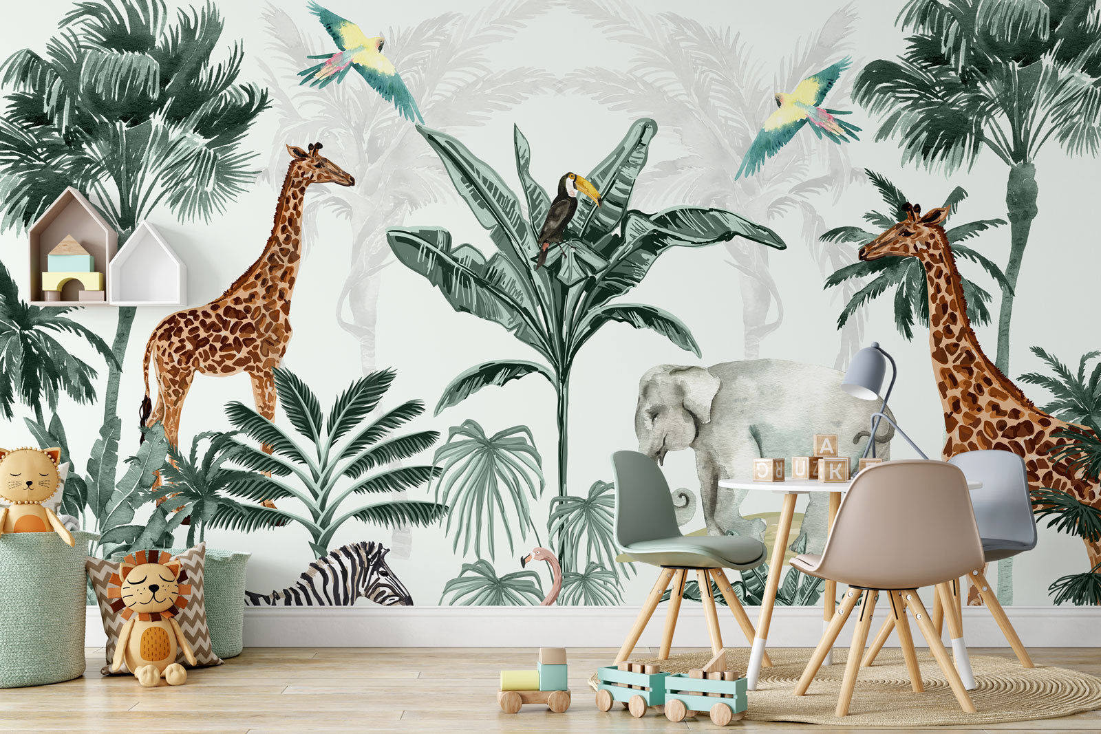 Flamingo Giraffe Elephant Peacock on Tropical Jungle Wallpaper Self Adhesive Peel & Stick Wall Decoration Scandinavian Removable