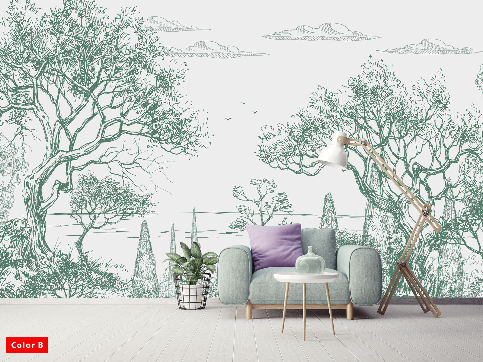 Forest and Sky Art Drawing Modern Design Background Wallpaper Self Adhesive Peel and Stick Wall Sticker Wall Decoration Removable