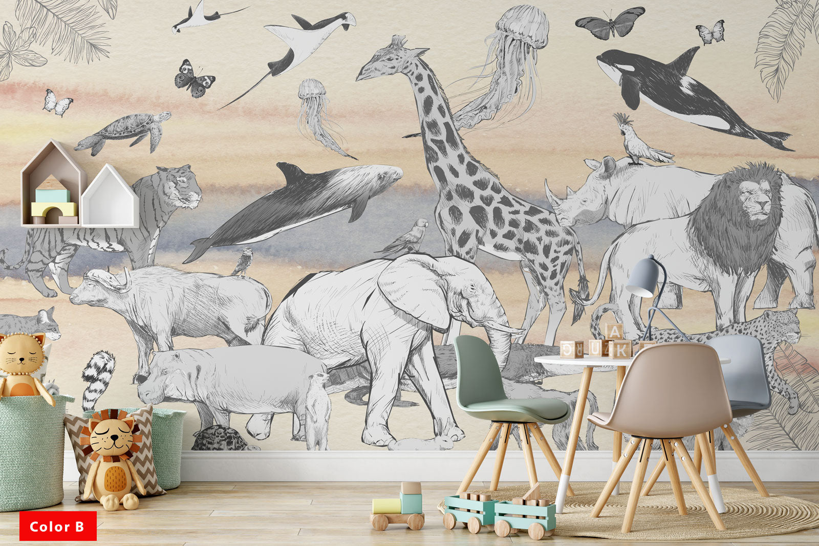 Wildlife Lion Giraffe Elephant Butterfly and Animals Wallpaper Self Adhesive Peel&Stick Wall Decoration Minimalistic Scandinavian Removable