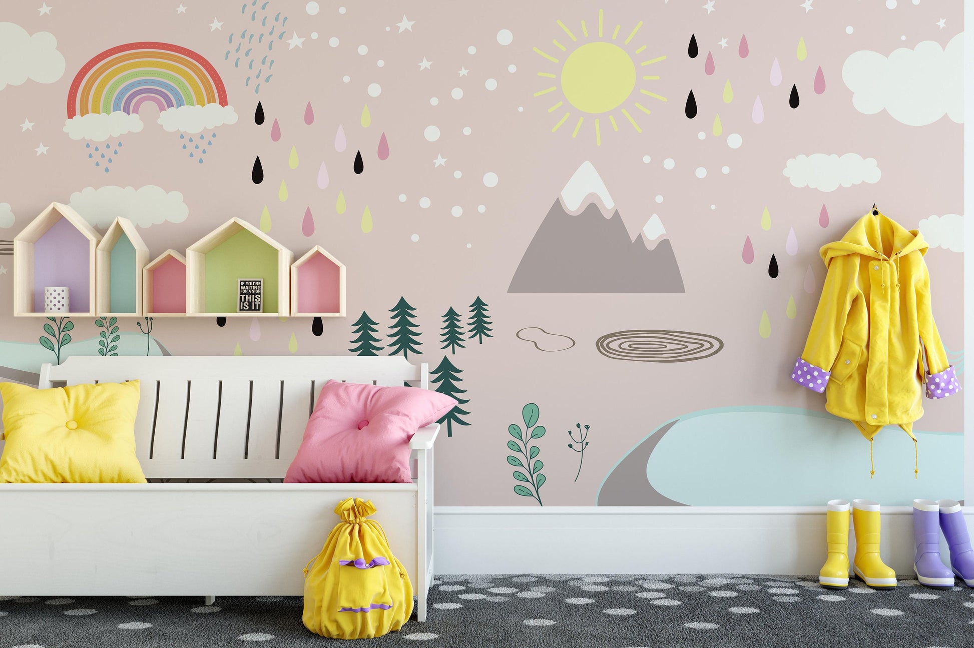 Rainbow Rain Clouds Trees Sun Snowy Mountain Wallpaper Self Adhesive Peel&Stick Wall Decoration Minimalistic Scandinavian Removable
