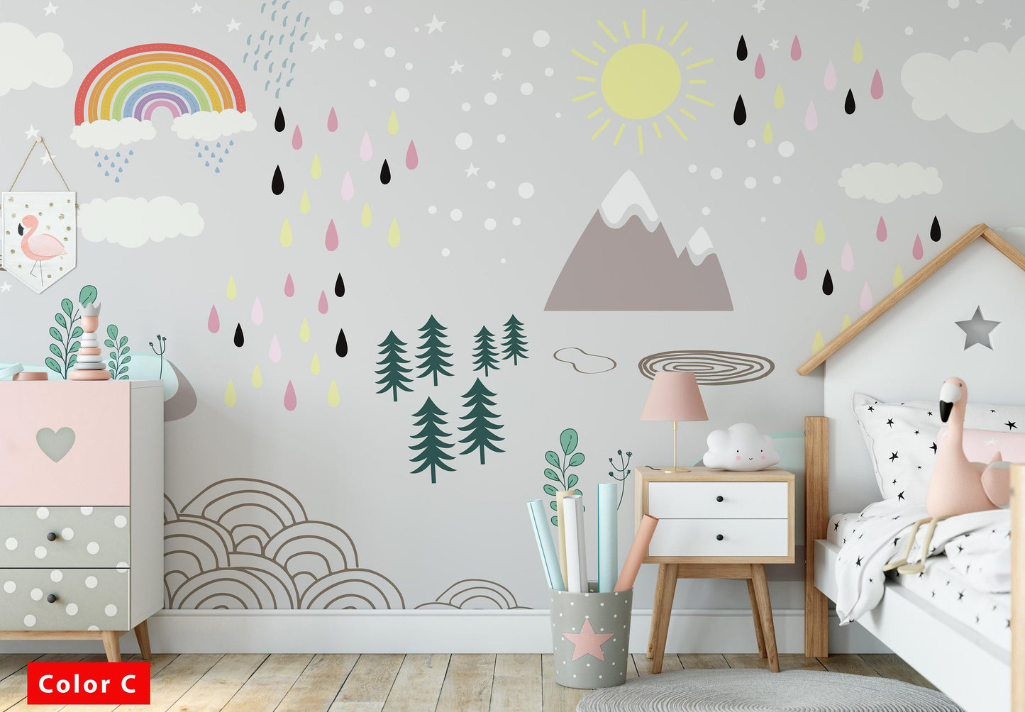 Rainbow Rain Clouds Trees Sun Snowy Mountain Wallpaper Self Adhesive Peel&Stick Wall Decoration Minimalistic Scandinavian Removable
