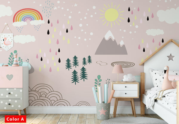 Rainbow Rain Clouds Trees Sun Snowy Mountain Wallpaper Self Adhesive Peel&Stick Wall Decoration Minimalistic Scandinavian Removable