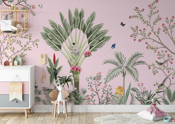 Banana Palm Leaves Clouds Plants Monkey on the Pink Background Wallpaper Self Adhesive Peel&Stick Wall Decoration Scandinavian Removable