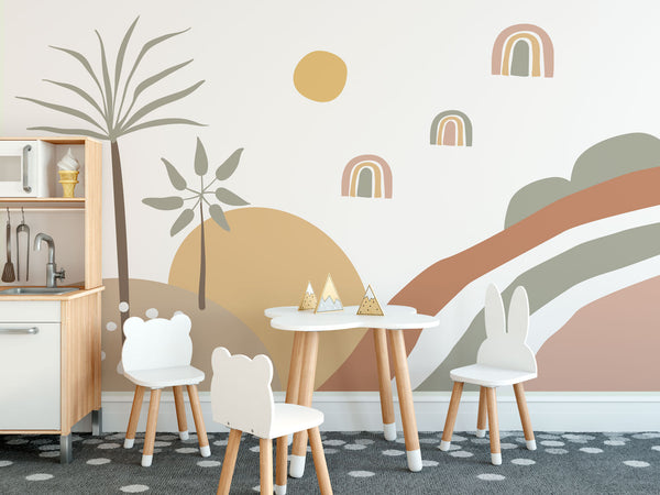 Minimal Rainbows Sun and Trees Wallpaper Self Adhesive Peel and Stick Wall Decoration Minimalistic Scandinavian Removable