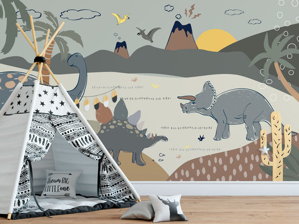 Baby Rhino and Dinosaur Active Volcano Wallpaper Self Adhesive Peel and Stick Wall Decoration Minimalistic Scandinavian Removable