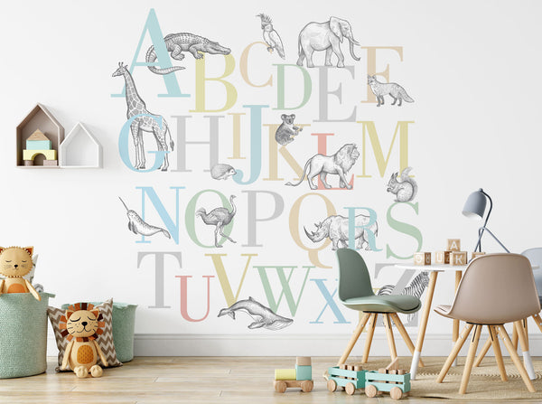 Colorful Alphabet Letter Hand Drawing Animals Wallpaper Kids Room Nursey Self Adhesive Peel & Stick Wall Decoration Scandinavian Removable