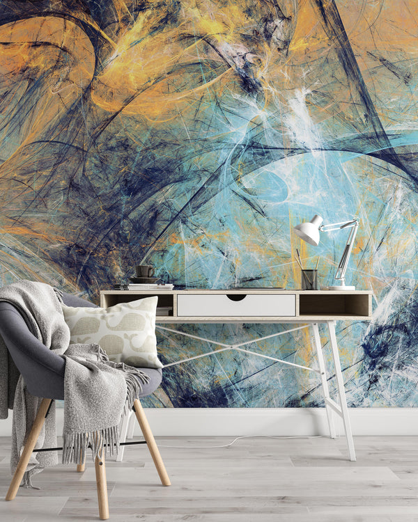 Abstract Blue Yellow White Soft Color Modern Futuristic Pattern Wallpaper Self Adhesive Peel & Stick Wall Sticker Wall Decoration Removable