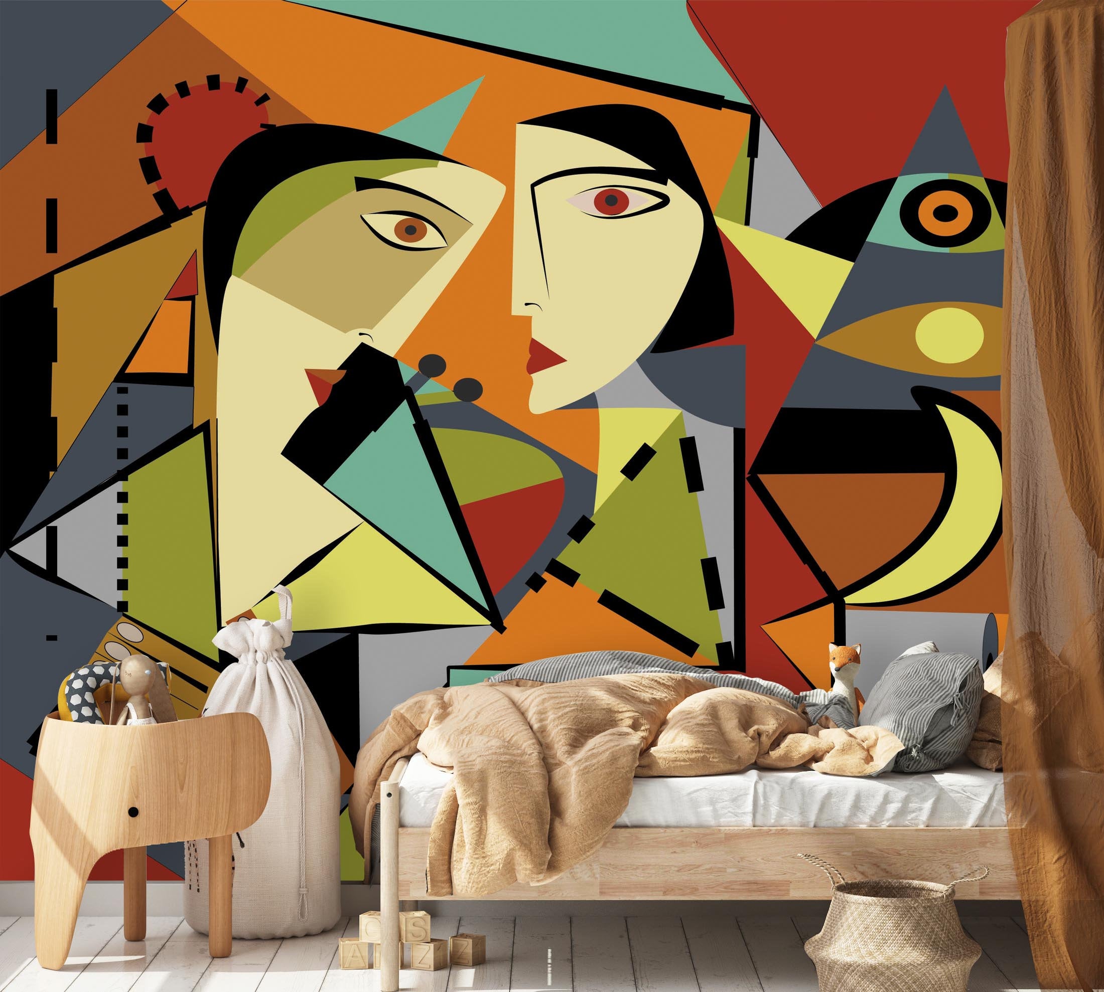 Cubism Art Style Abstract Portrait Two Girls Wallpaper Self Adhesive Peel and Stick Wall Sticker Wall Decoration Removable