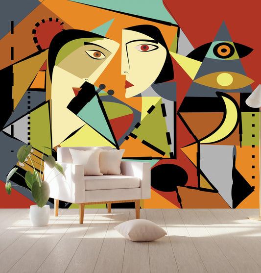 Cubism Art Style Abstract Portrait Two Girls Wallpaper Self Adhesive Peel and Stick Wall Sticker Wall Decoration Removable