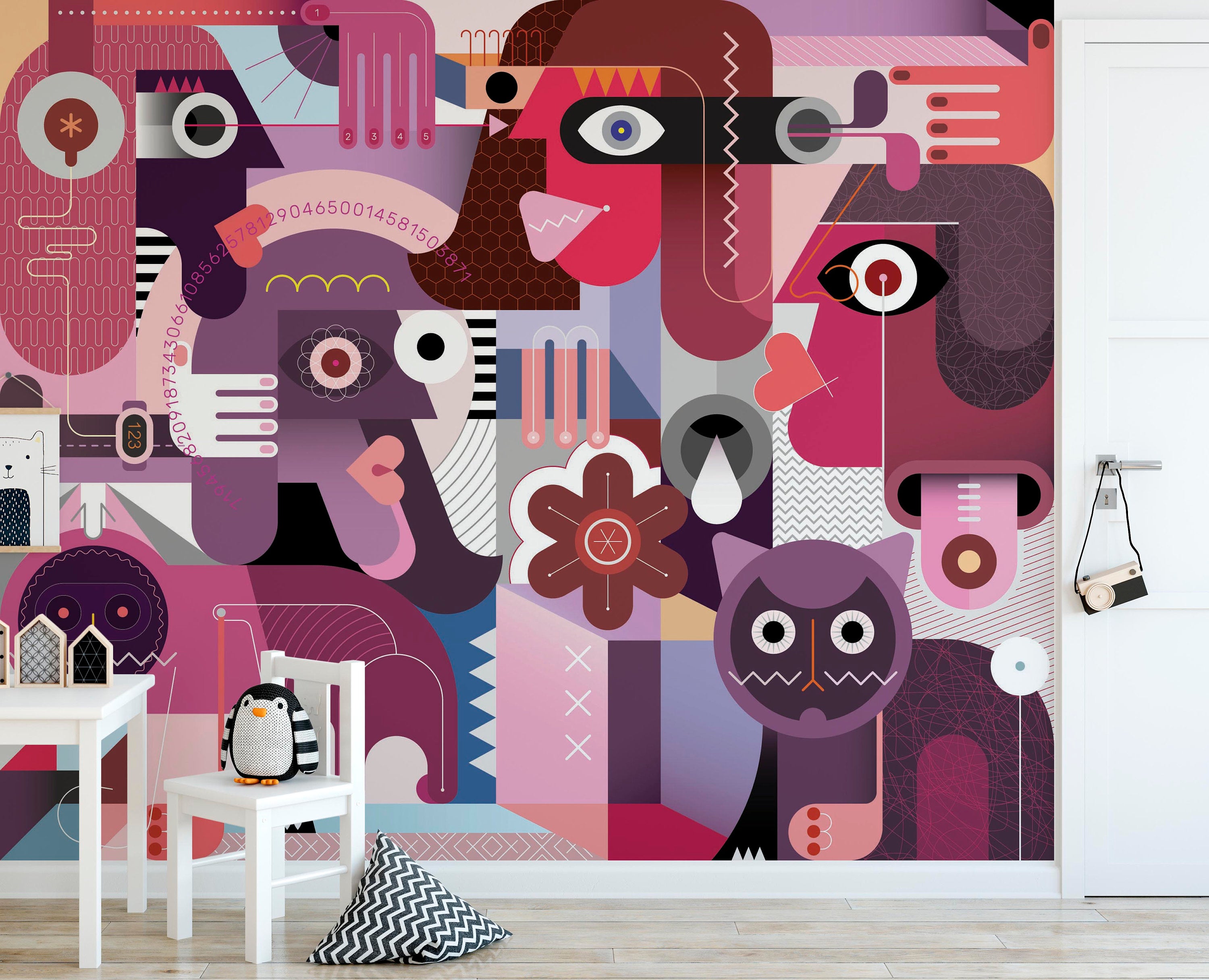 People Cats Modern Abstract Neo Cubism Artwork Wallpaper Kids Room Nursey Self Adhesive Peel & Stick Wall Decoration Scandinavian Removable