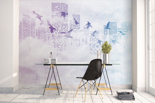 Flying Birds Blue and Purple Skyscraper Modern City Wallpaper Self Adhesive Peel & Stick Wall Sticker Wall Decoration Scandinavian Removable