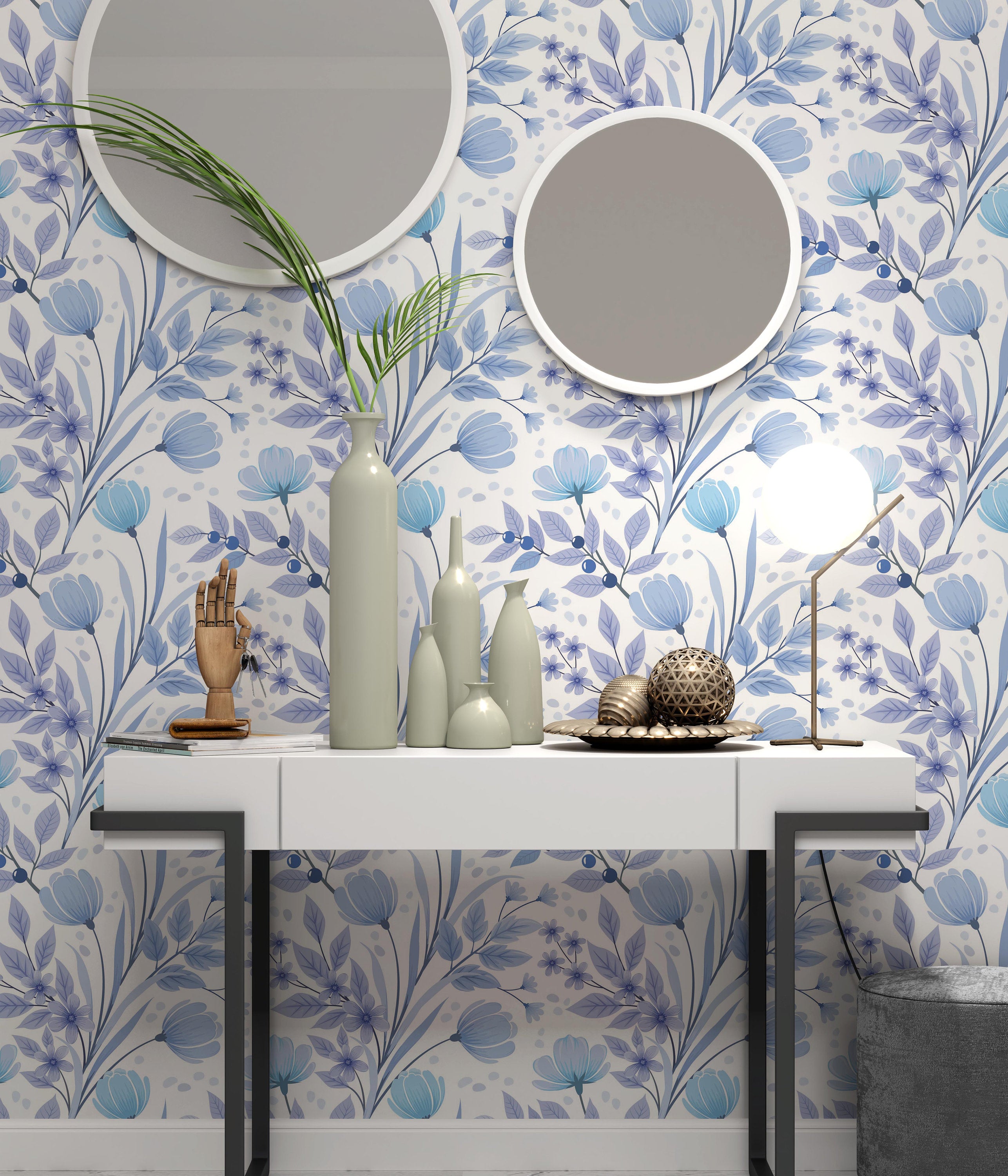 Floral Pattern on Blue Monochrome Background Wallpaper Self Adhesive Peel and Stick Wall Sticker Wall Decoration Removable