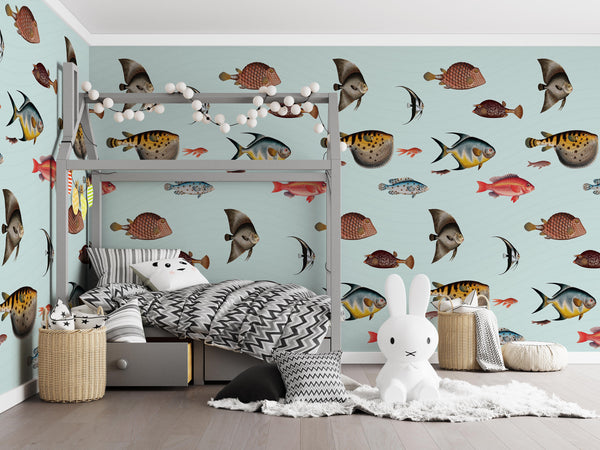 Colorful and Diverses Fishes Ocean Under Bottom Funny Wallpaper Self Adhesive Peel and Stick Wall Decoration Scandinavian Removable
