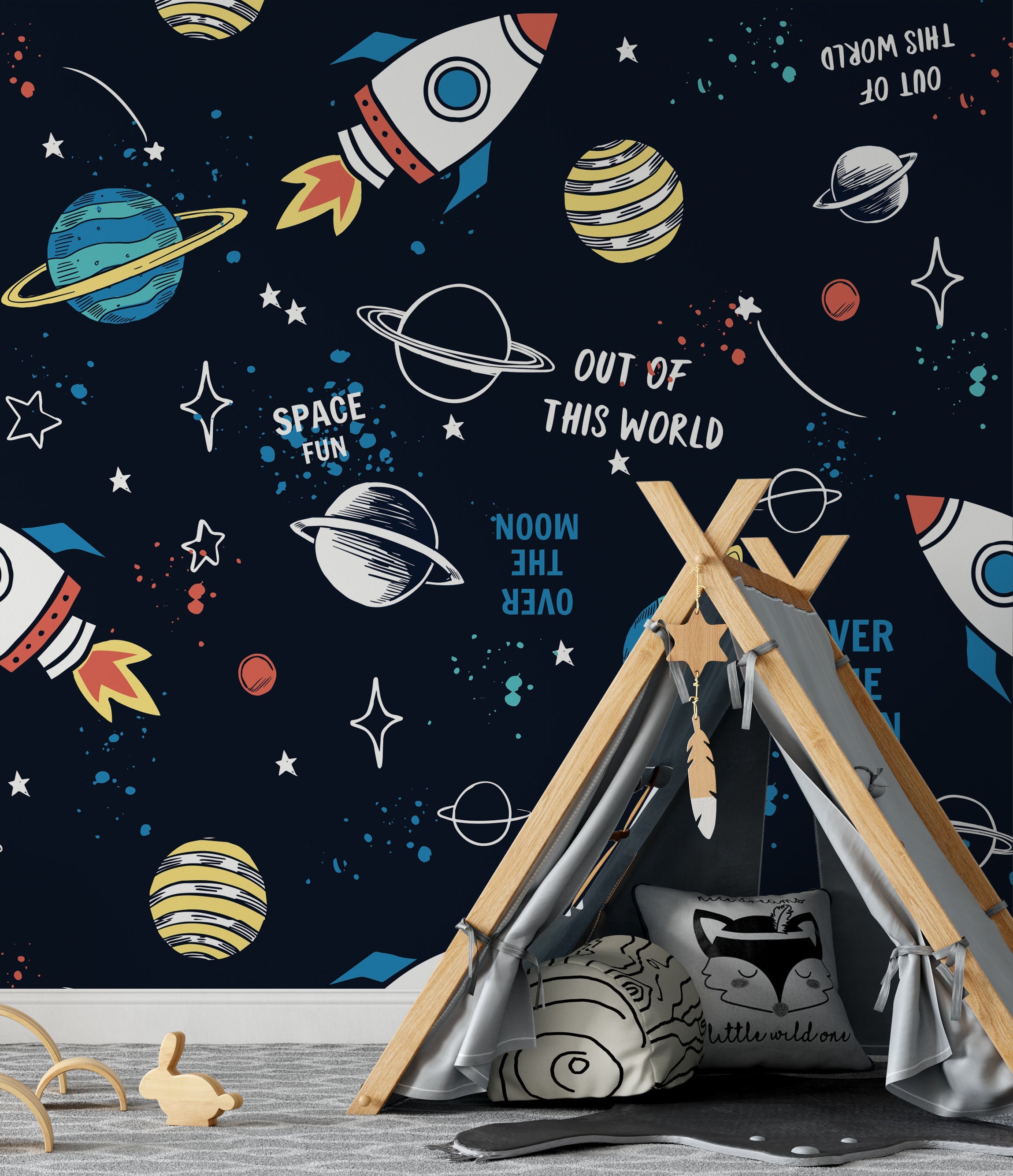 Cartoon Space Rockets Elements Stars Planets Dark Sky Far from the World Wallpaper Self Adhesive Peel and Stick Wall Decoration Removable