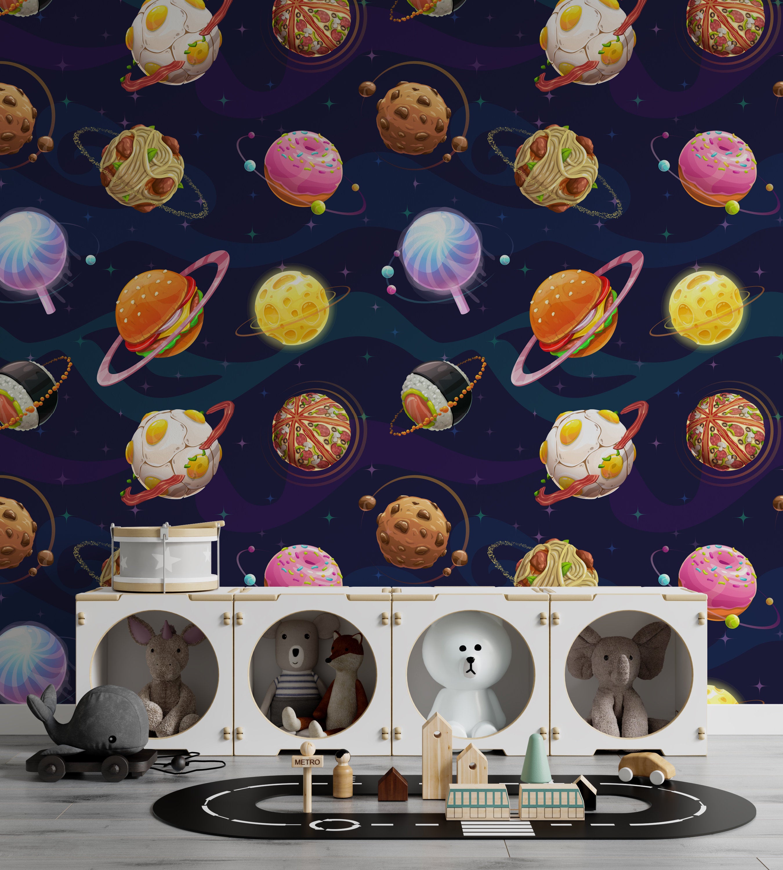 Cartoon Fantasy Food Planets Space Themed Funny Solar System Wallpaper Self Adhesive Peel and Stick Wall Decoration Scandinavian Removable