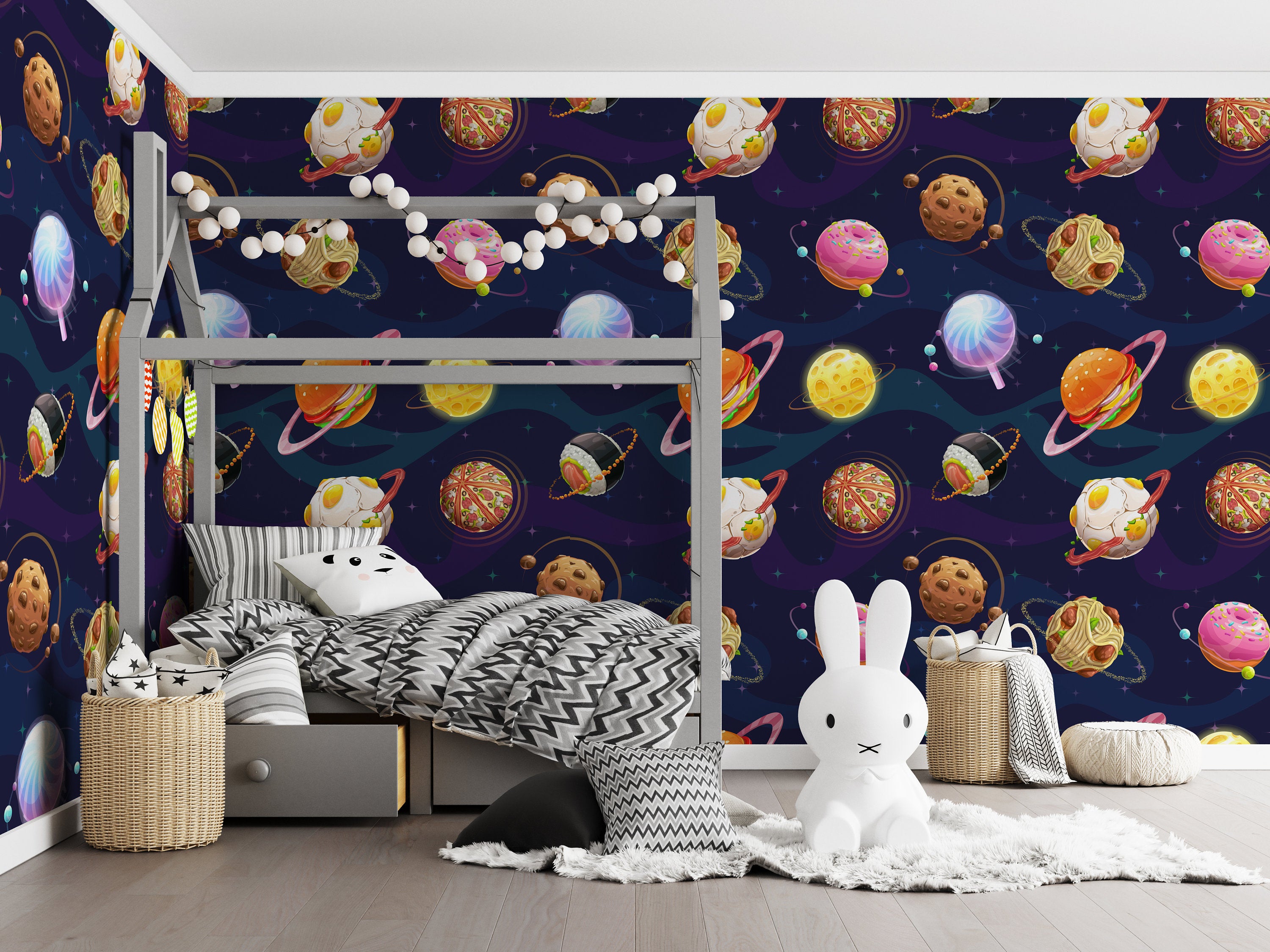 Cartoon Fantasy Food Planets Space Themed Funny Solar System Wallpaper Self Adhesive Peel and Stick Wall Decoration Scandinavian Removable