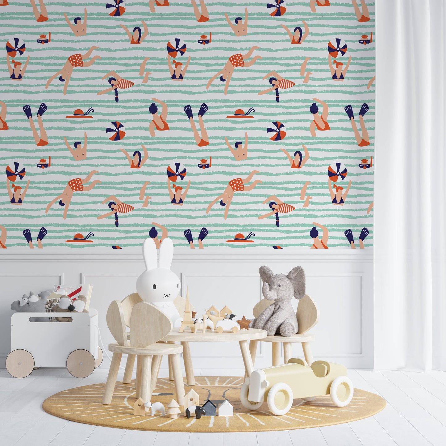 People Playing Volleyball and Swimming Sea Swimmers Funny Wallpaper Self Adhesive Peel and Stick Wall Decoration Removable