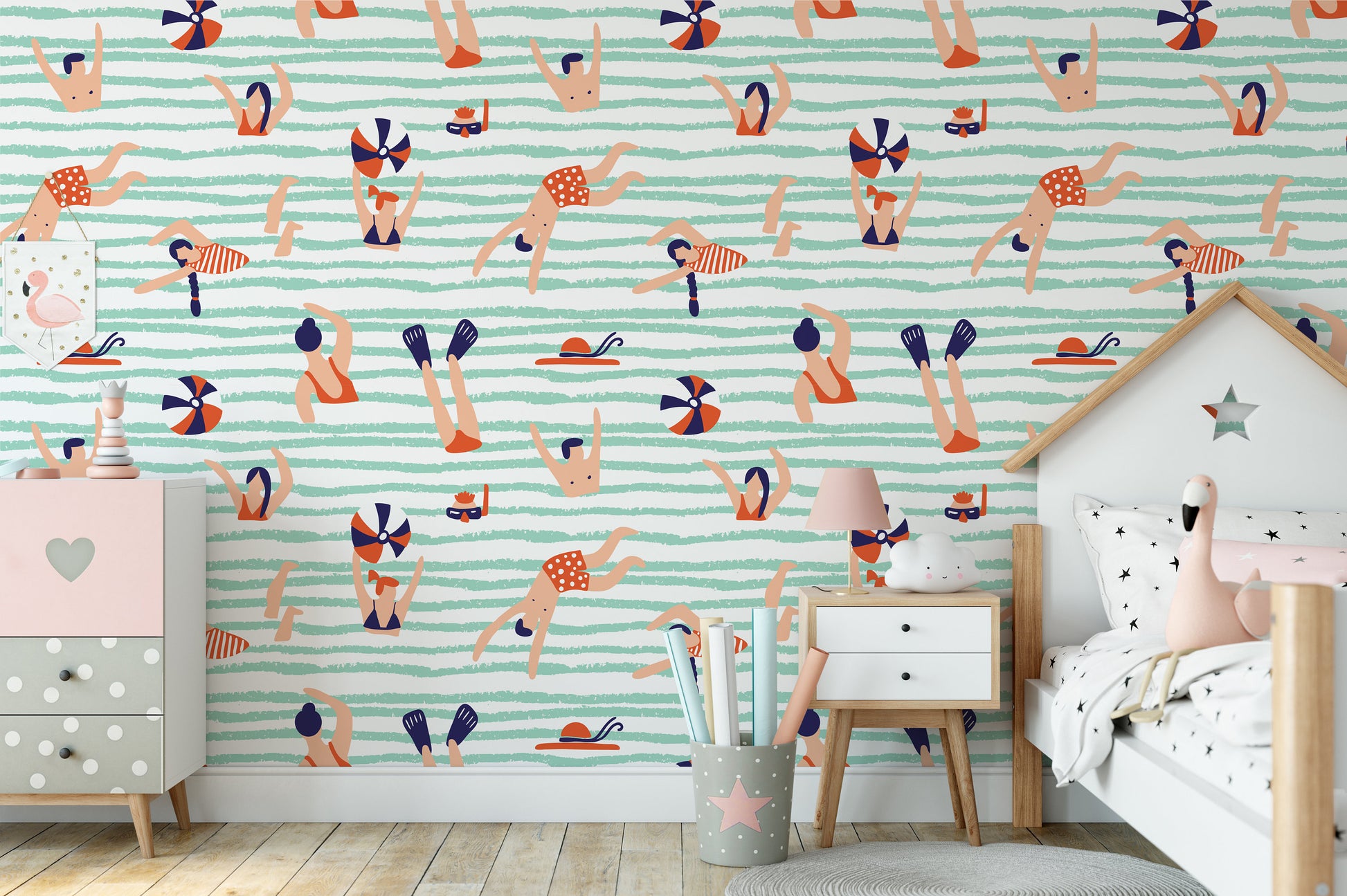 People Playing Volleyball and Swimming Sea Swimmers Funny Wallpaper Self Adhesive Peel and Stick Wall Decoration Removable