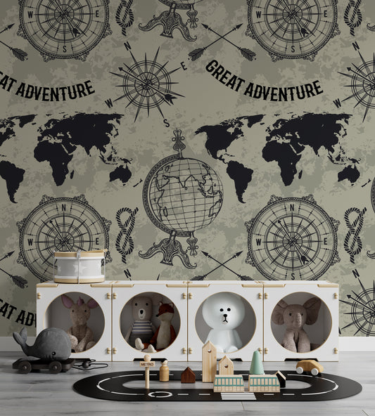 Globe Compass Great Adventure Vintage  Wind Rose Retro World Map Wallpaper Self Adhesive Peel and Stick Wall Decoration Removable