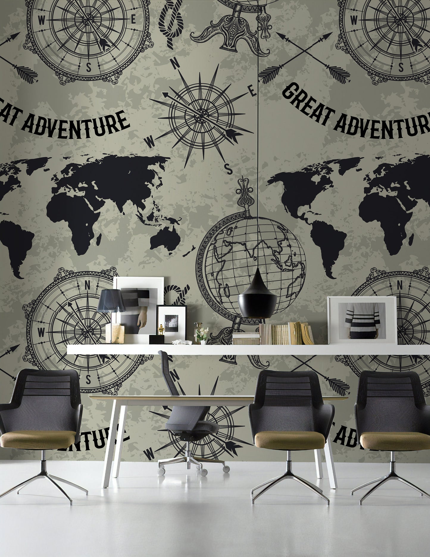 Globe Compass Great Adventure Vintage  Wind Rose Retro World Map Wallpaper Self Adhesive Peel and Stick Wall Decoration Removable