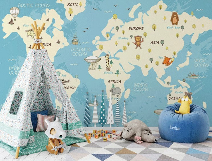 Cut Baby Animals Compass Continents Vivid Color World Map Wallpaper Self Adhesive Peel and Stick Wall Sticker All Scales Removable