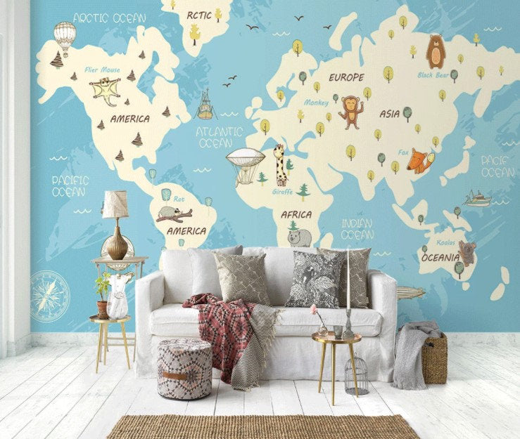 Cut Baby Animals Compass Continents Vivid Color World Map Wallpaper Self Adhesive Peel and Stick Wall Sticker All Scales Removable
