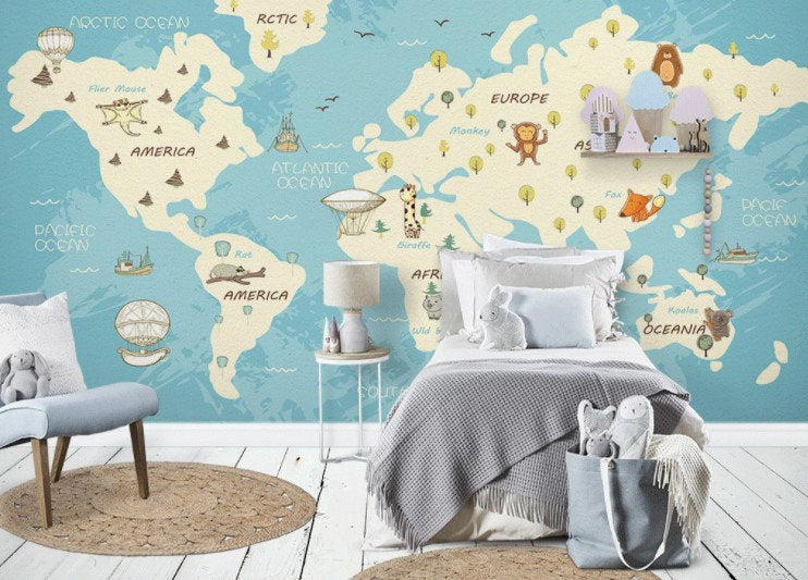 Cut Baby Animals Compass Continents Vivid Color World Map Wallpaper Self Adhesive Peel and Stick Wall Sticker All Scales Removable