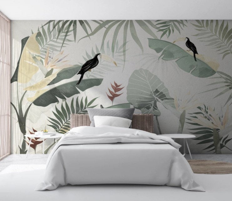 Big Green Toucan Leaves Wallpaper Self Adhesive Peel & Stick Wall Sticker All Scales Minimalistic Scandinavian Design Removable