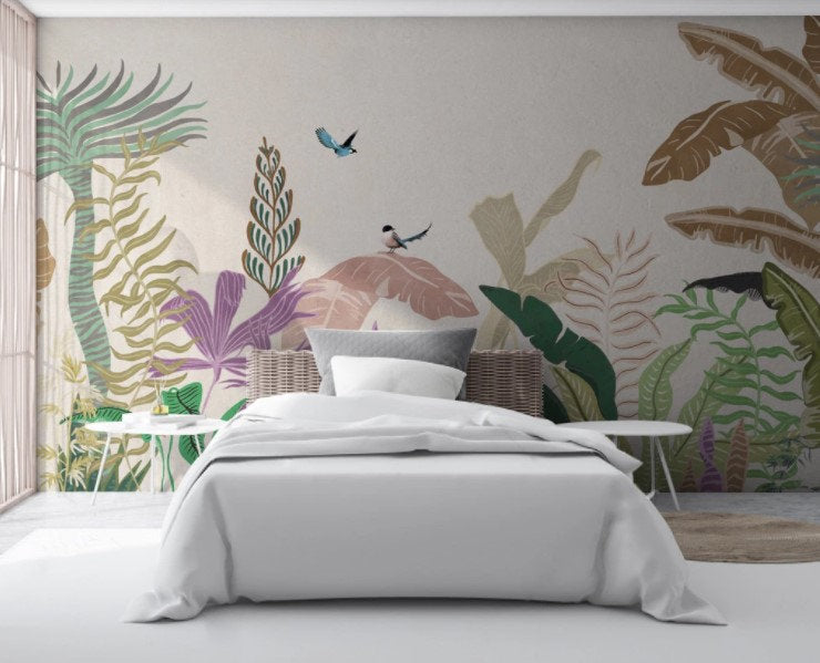 Colorful Tropical Jungle Leaves Wallpaper Self Adhesive Peel & Stick Wall Sticker All Scales Minimalistic Scandinavian Design Removable