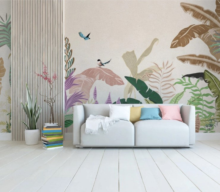 Colorful Tropical Jungle Leaves Wallpaper Self Adhesive Peel & Stick Wall Sticker All Scales Minimalistic Scandinavian Design Removable