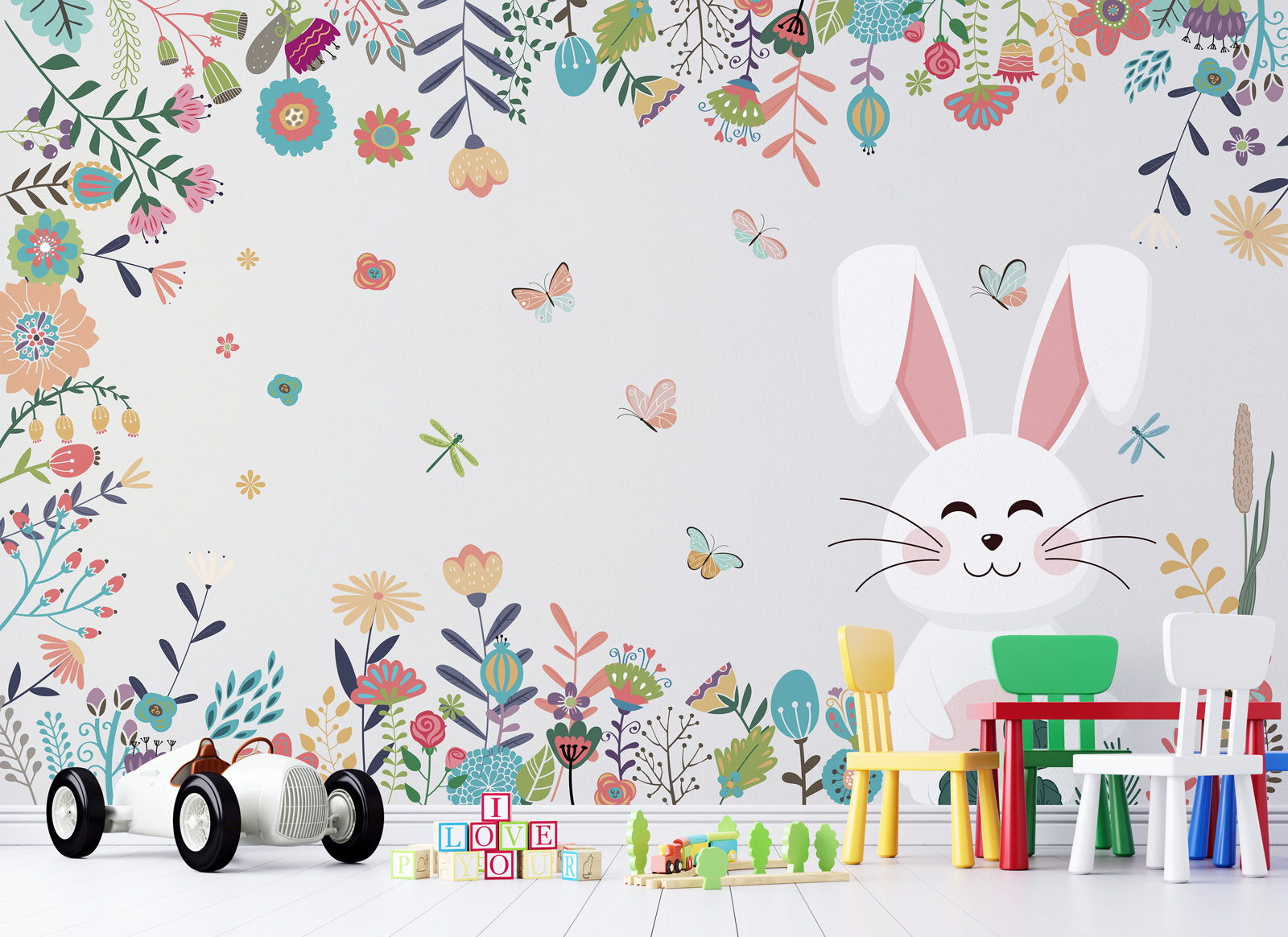 Cute Rabbit Colorful Garden Flowers Kids Room Nursery Wallpaper Self Adhesive Peel and Stick Wall Sticker All Scales Removable