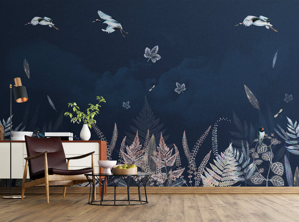 Plants Birds on the Dark Background Wallpaper Self Adhesive Peel and Stick Wall Sticker All Sizes Minimalistic Scandinavian Design Removable