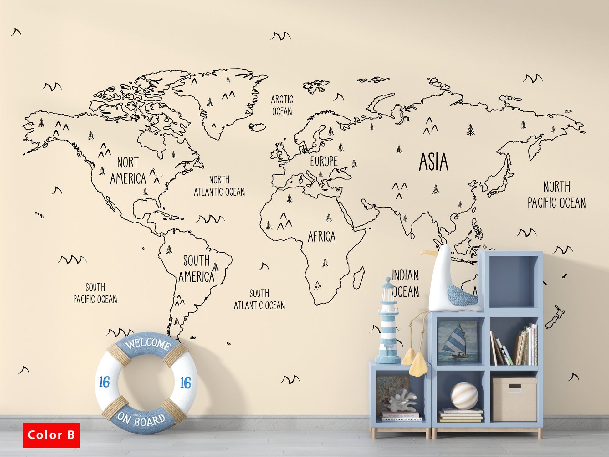 Kids Room Nursery for World Map Wallpaper Self Adhesive Peel and Stick Wall Sticker All Scales Minimalistic Design Removable