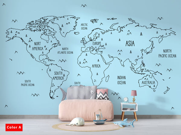 Kids Room Nursery for World Map Wallpaper Self Adhesive Peel and Stick Wall Sticker All Scales Minimalistic Design Removable