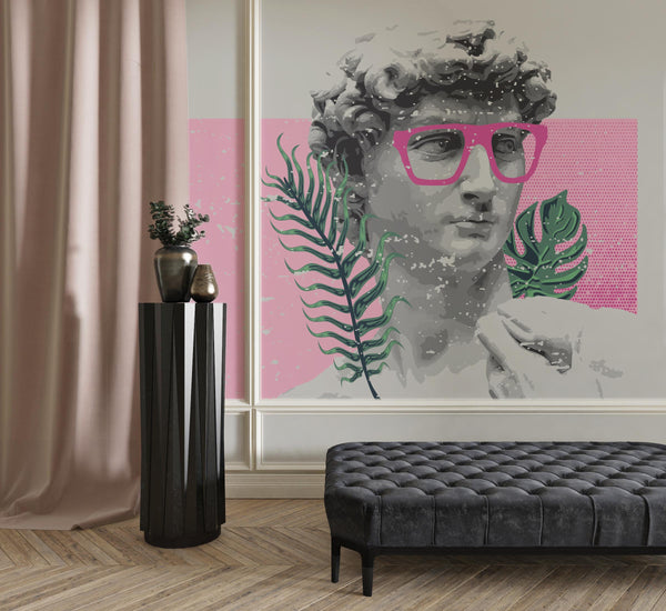 Renaissance Sculpture Stylish Pink Glasses Leaves Art Wallpaper Self Adhesive Peel and Stick Wall Sticker Quality Paper Design Removable
