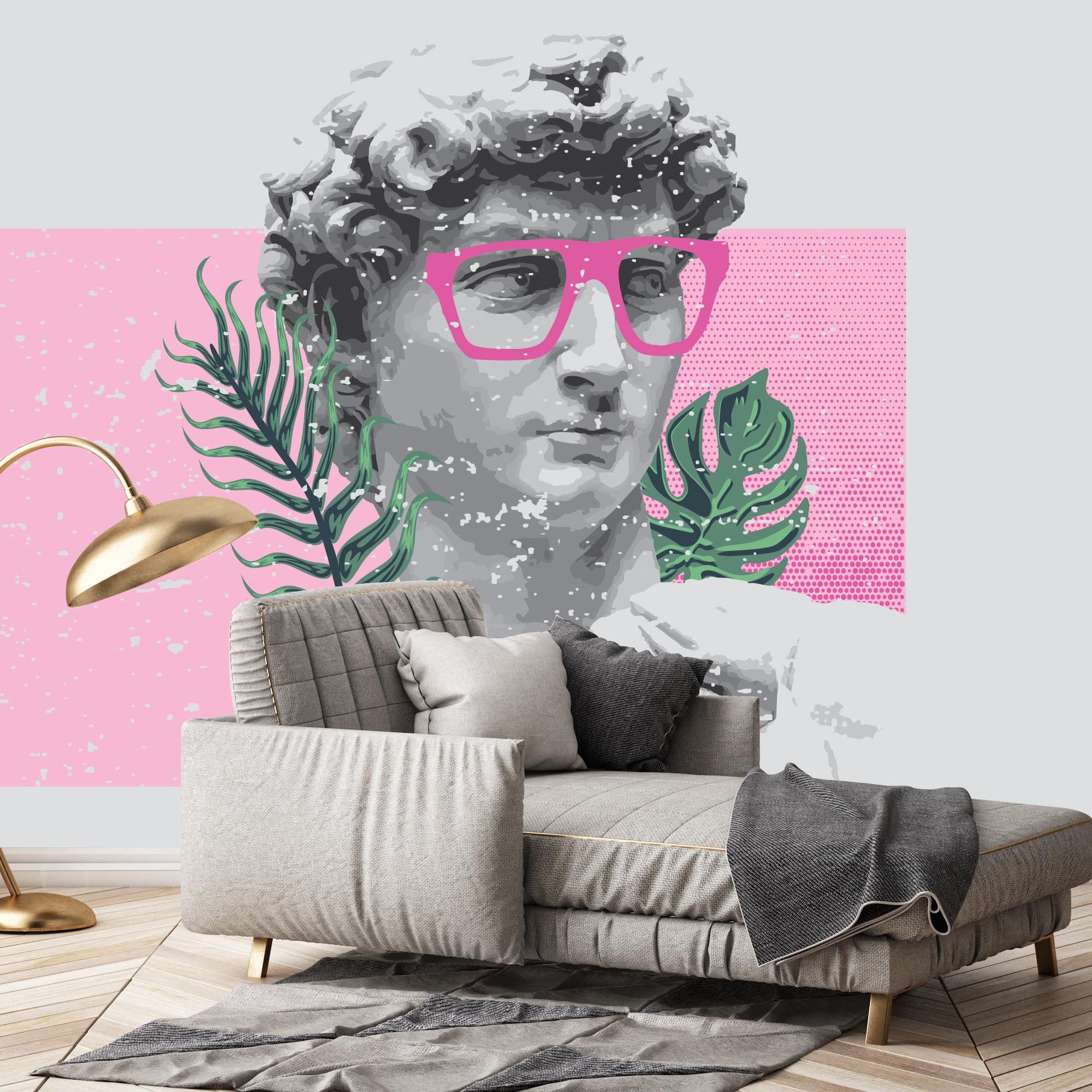Renaissance Sculpture Stylish Pink Glasses Leaves Art Wallpaper Self Adhesive Peel and Stick Wall Sticker Quality Paper Design Removable