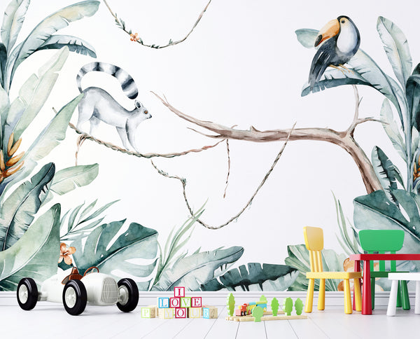 Watercolor Jungle Lemurs Toucan Madagascar Fauna Zoo Exotic Animal Wallpaper Self Adhesive Peel and Stick Wall Decoration Removable