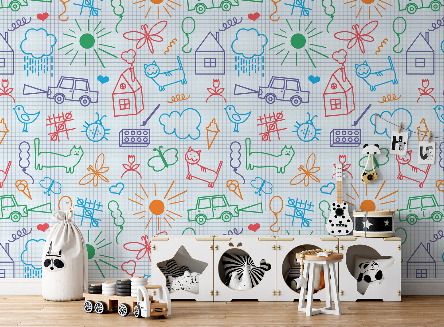 Sketch Drawings Cat Flowers Snail House Butterfly Car Triangle Wallpaper Self Adhesive Peel and Stick Wall Decoration Removable
