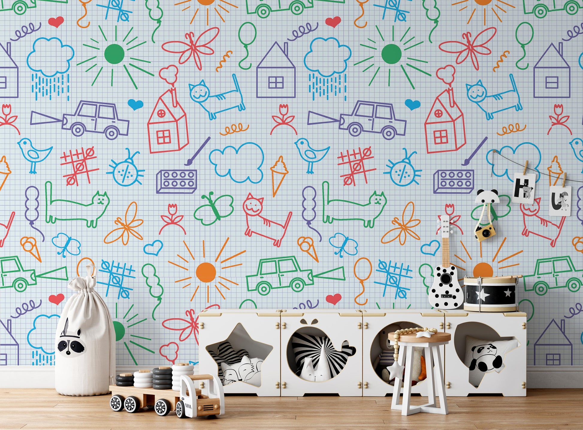 Sketch Drawings Cat Flowers Snail House Butterfly Car Triangle Wallpaper Self Adhesive Peel and Stick Wall Decoration Removable