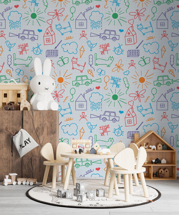 Sketch Drawings Cat Flowers Snail House Butterfly Car Triangle Wallpaper Self Adhesive Peel and Stick Wall Decoration Removable